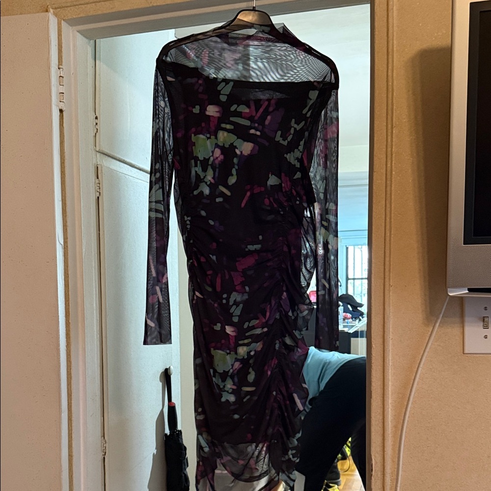 Sheer Long-Sleeve Ruched Midi Dress in Black with Floral Accents